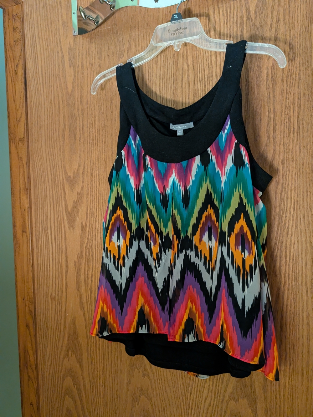 NY Collection Multicolor Ikat Print Tank with Black Trim